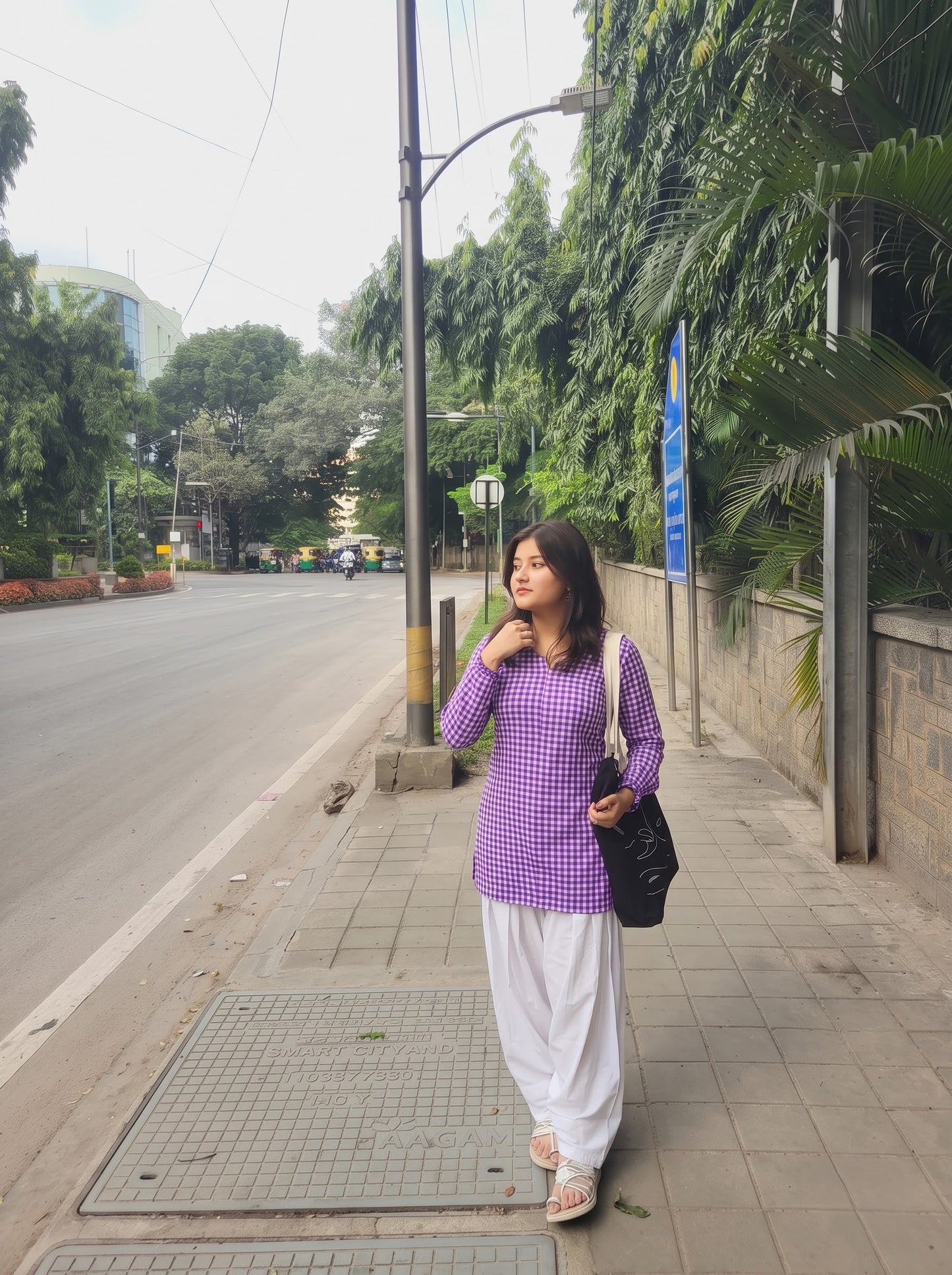 Purple Gingham Check Farshi Salwar Set