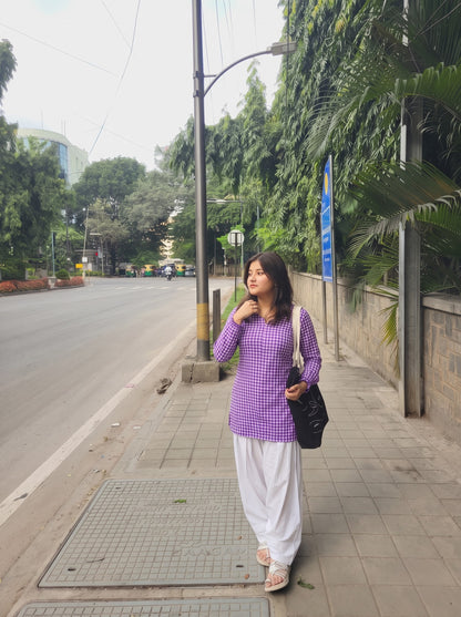 Purple Gingham Check Farshi Salwar Set