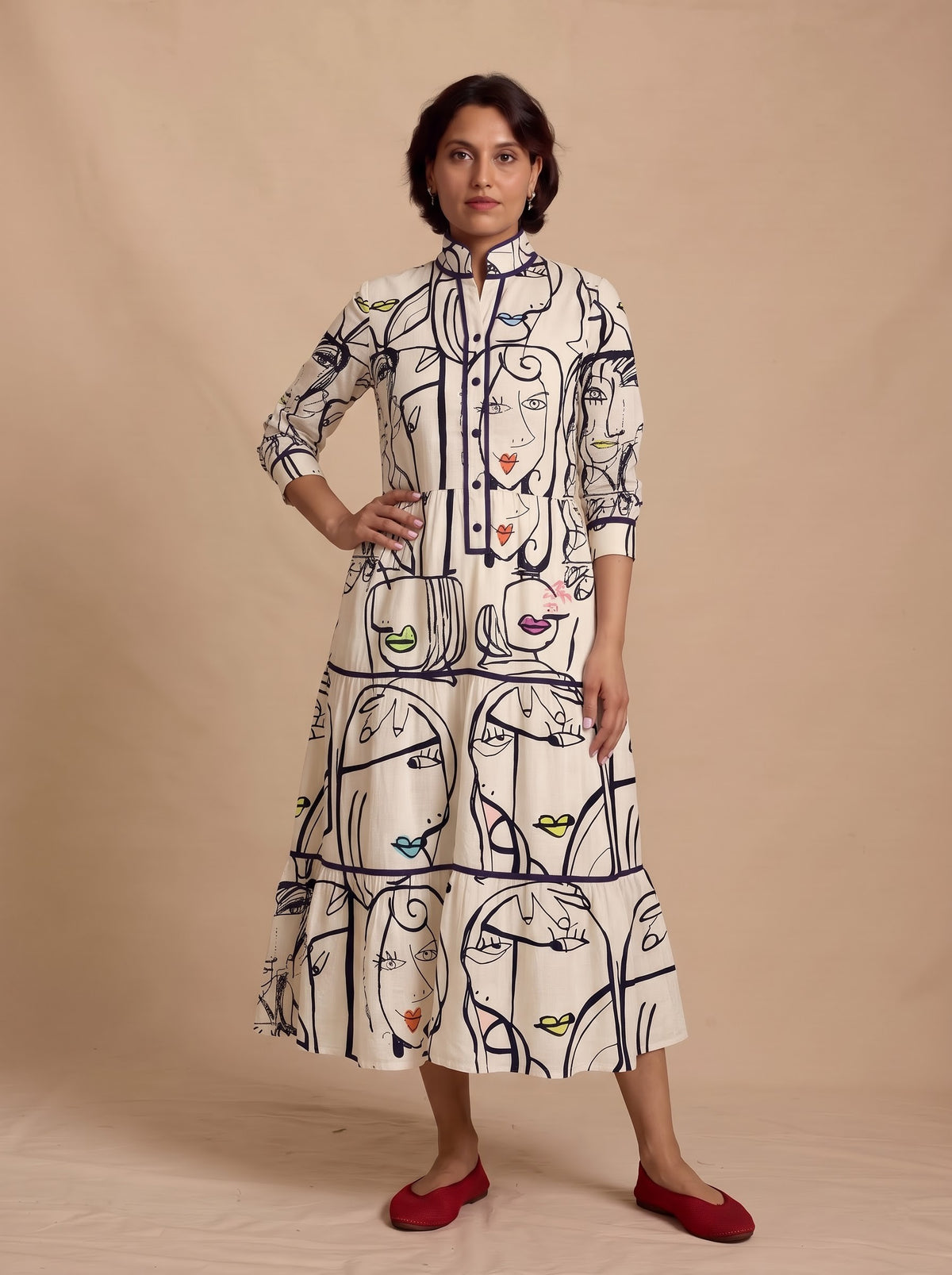 Off-White Abstract Art Printed Tiered Maxi Dress
