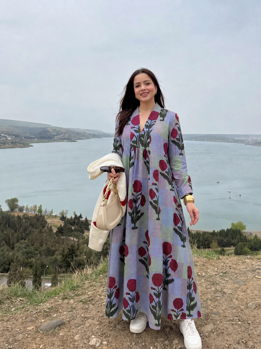 Azure Bloom Printed Maxi Dress