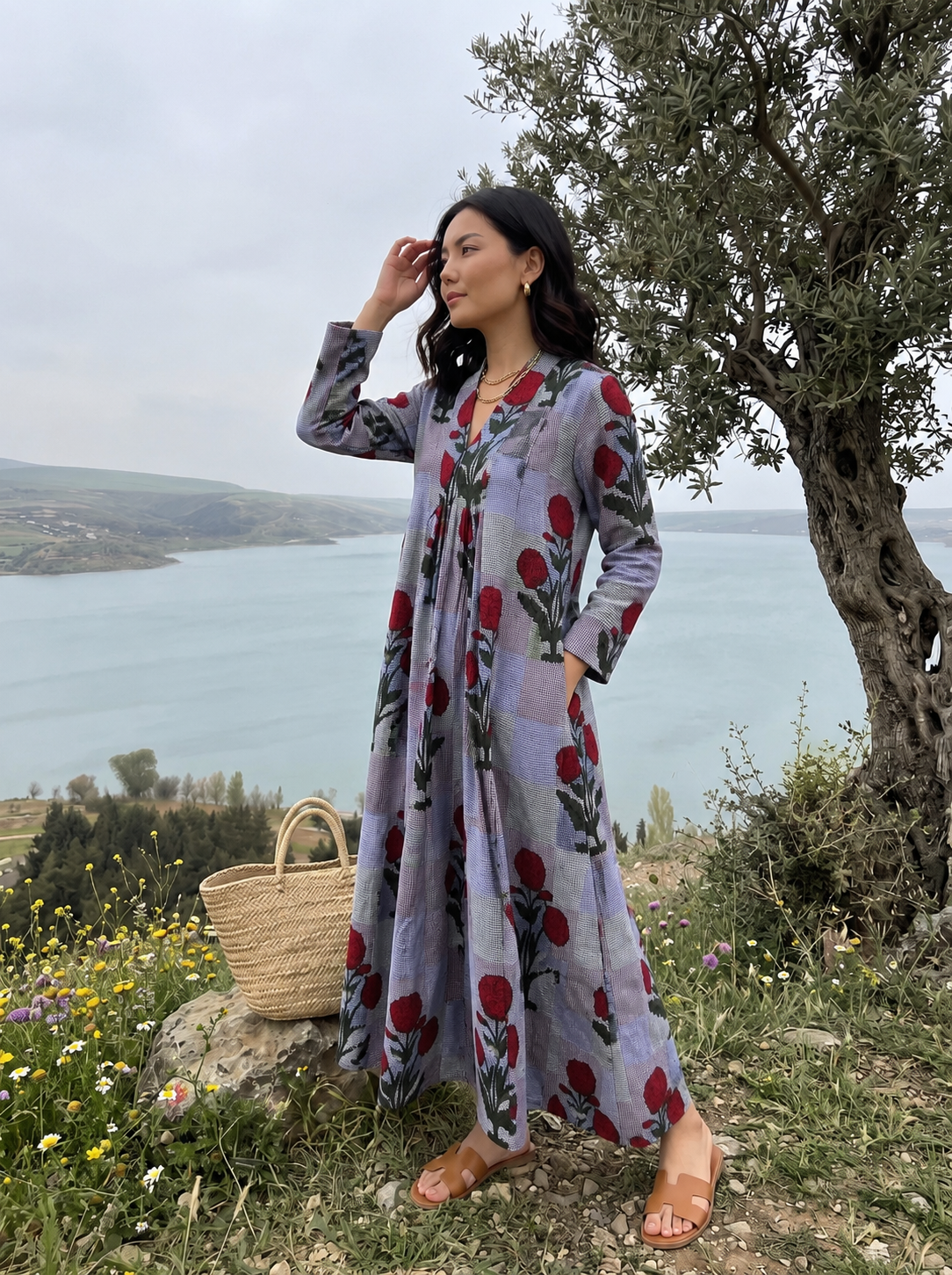 Azure Bloom Printed Maxi Dress
