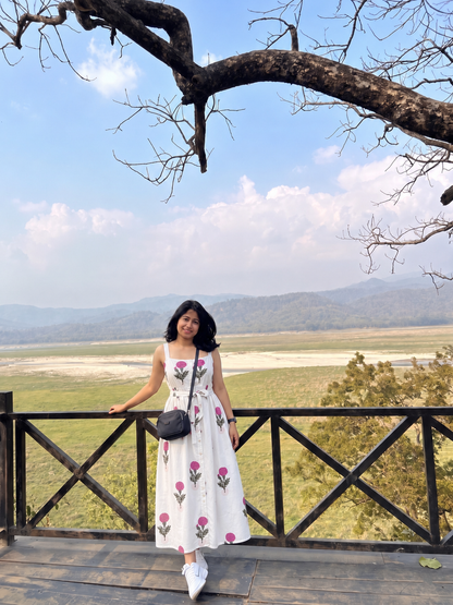 White Floral Print Button Midi Dress