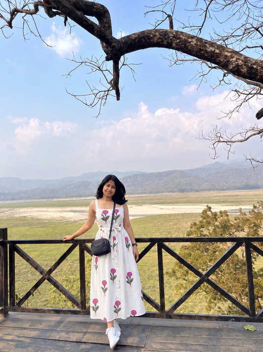 White Floral Print Button Midi Dress