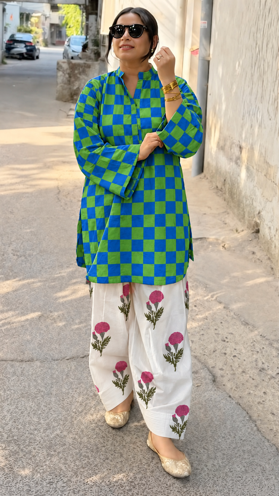 Tara Blue-Green Check & Floral Farshi Salwar