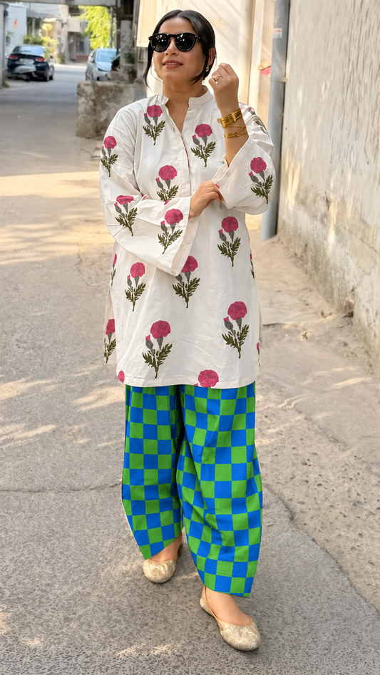 Ishani Floral & Blue Check Farshi Salwar