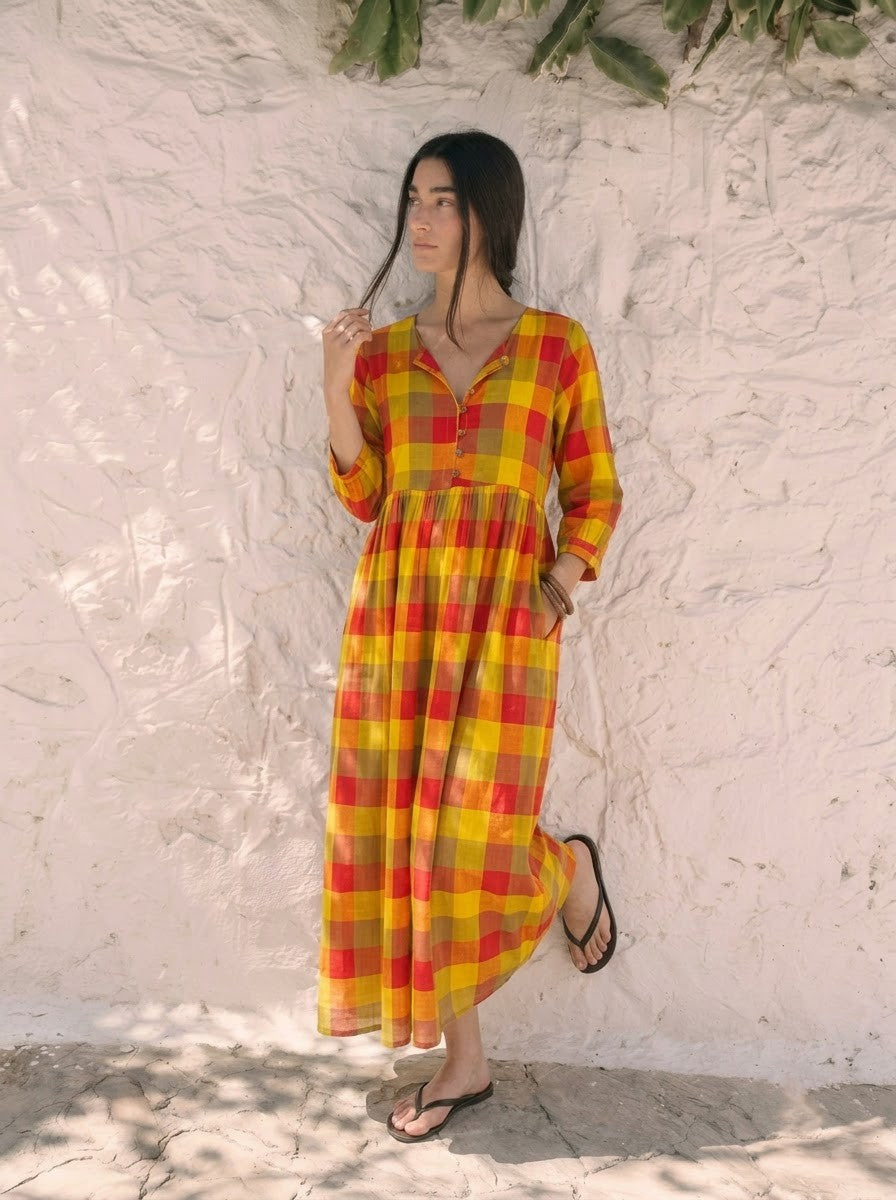 Multicolor Plaid Check V-Neck Maxi Dress