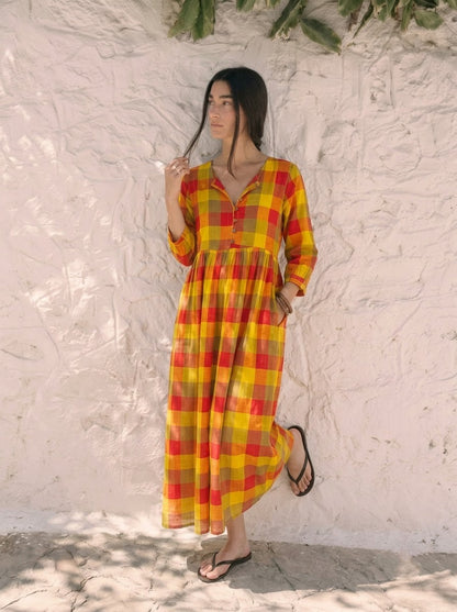Multicolor Plaid Check V-Neck Maxi Dress