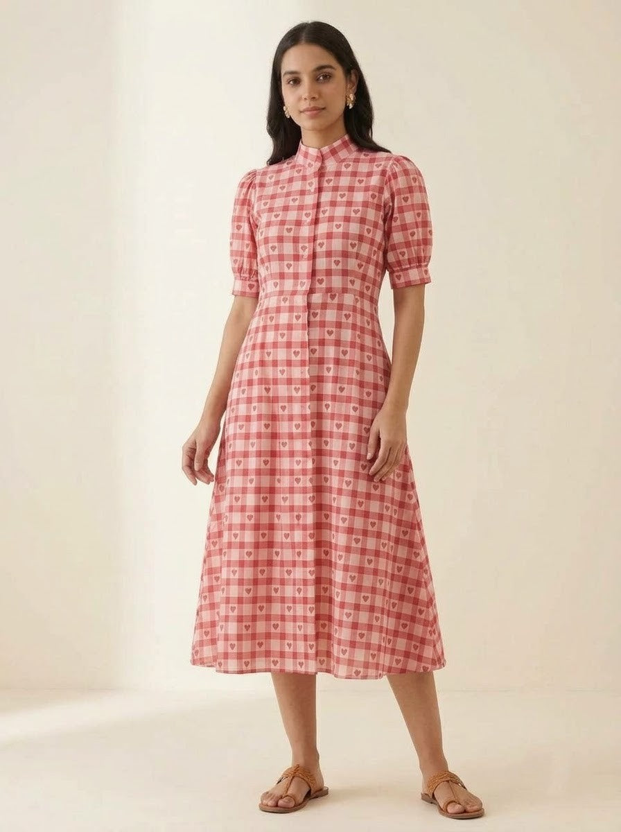 Red & White Heart Printed Gingham Midi Dress