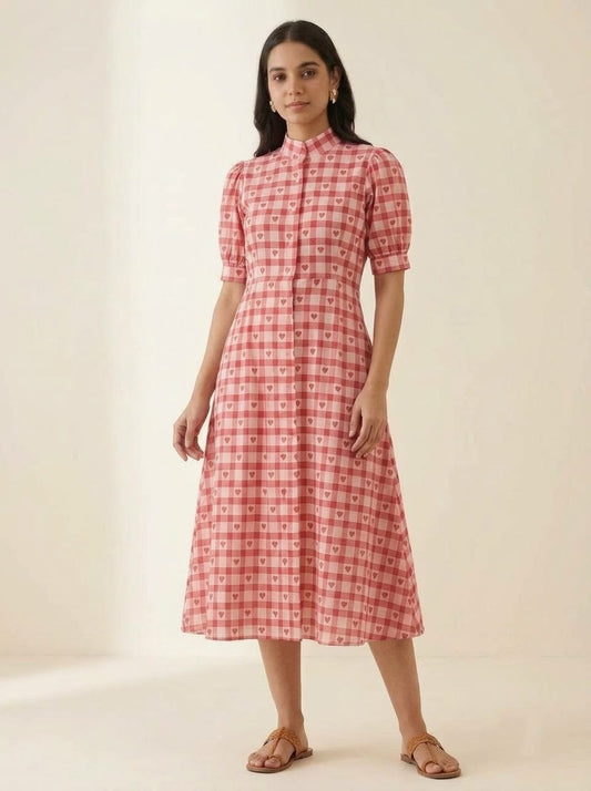 Red & White Heart Printed Gingham Midi Dress