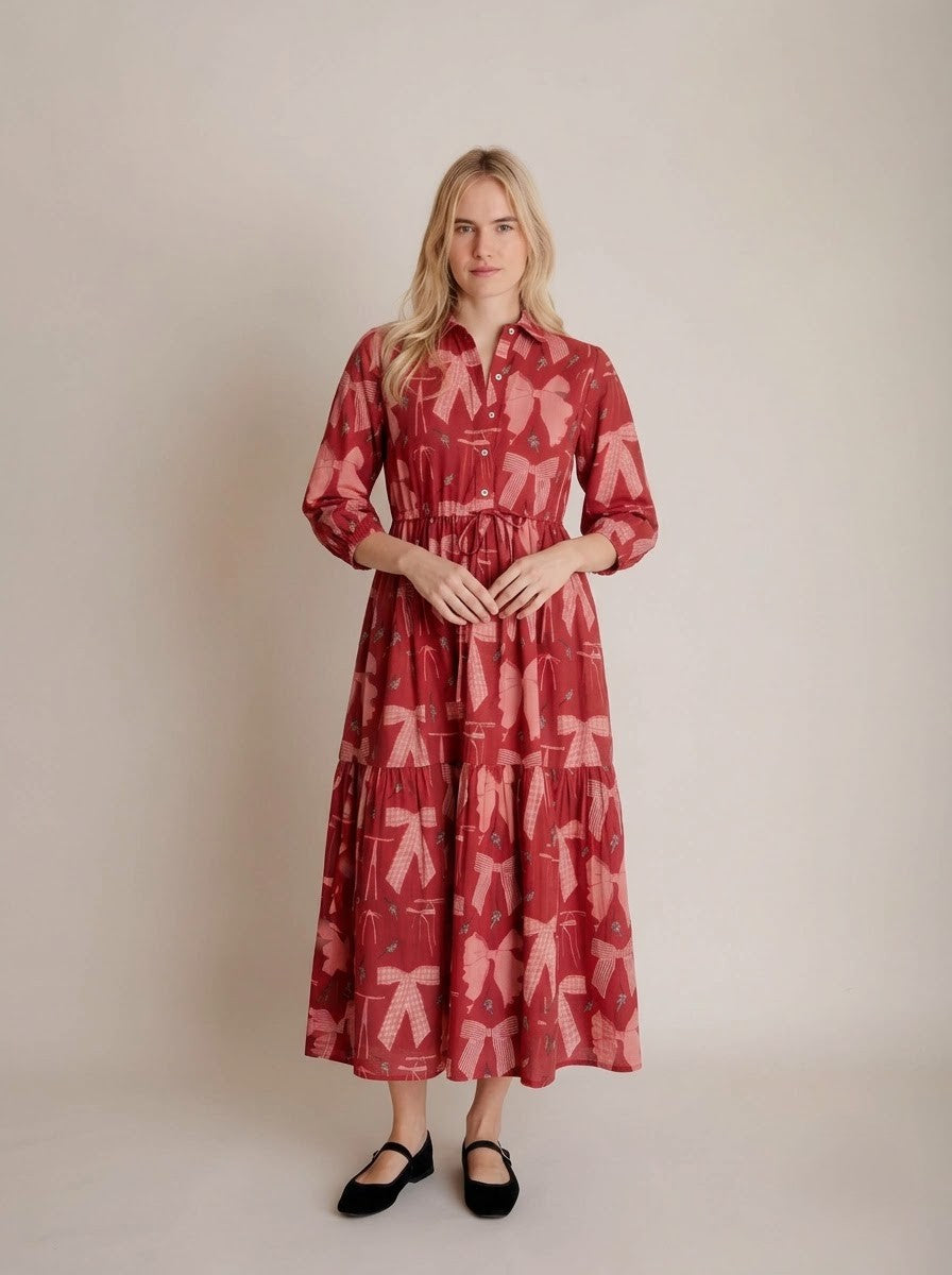 Red Ribbon Motif Tiered Shirt Maxi Dress