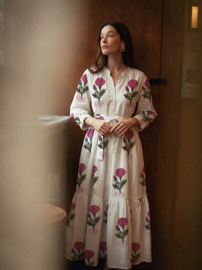 Elegant Pink Botanical Tiered Maxi Dress