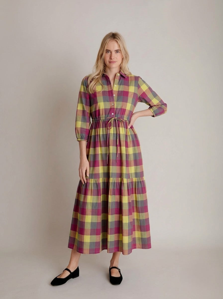Multicolor Plaid Check Shirt Maxi Dress