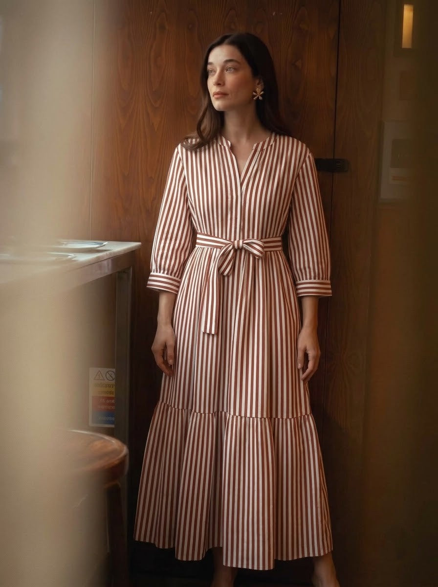 Elegant Vertical Striped Belted Maxi Dress