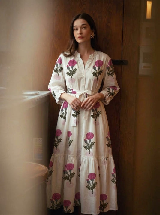 Elegant Pink Botanical Tiered Maxi Dress