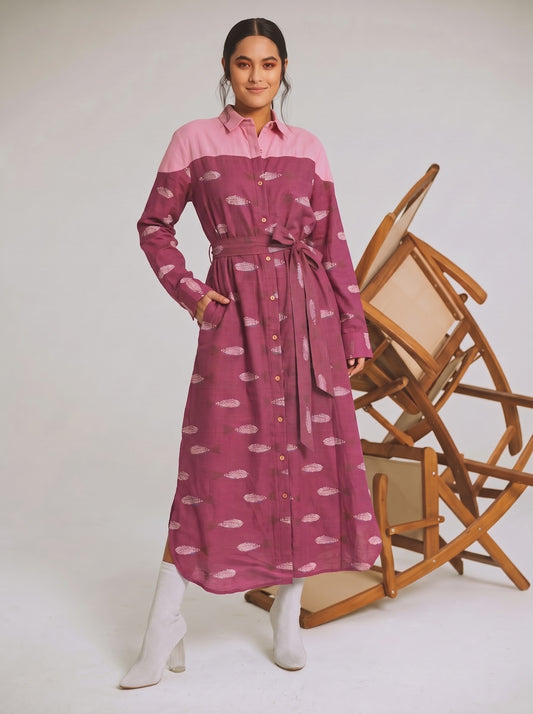 Magenta Button-Down Printed Belted Shirt Dress