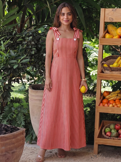 Red & White Vertical Striped Maxi Dress