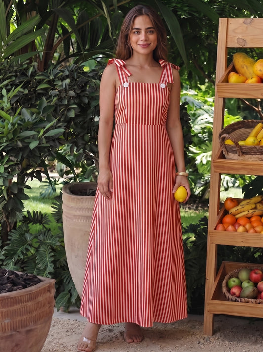 Red & White Vertical Striped Maxi Dress