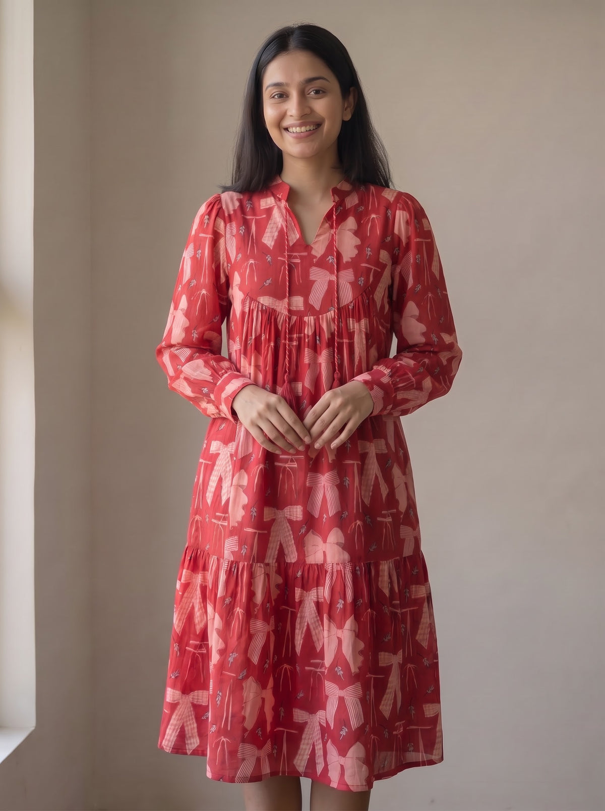 Red Ribbon Bow Printed Tiered Midi Dress