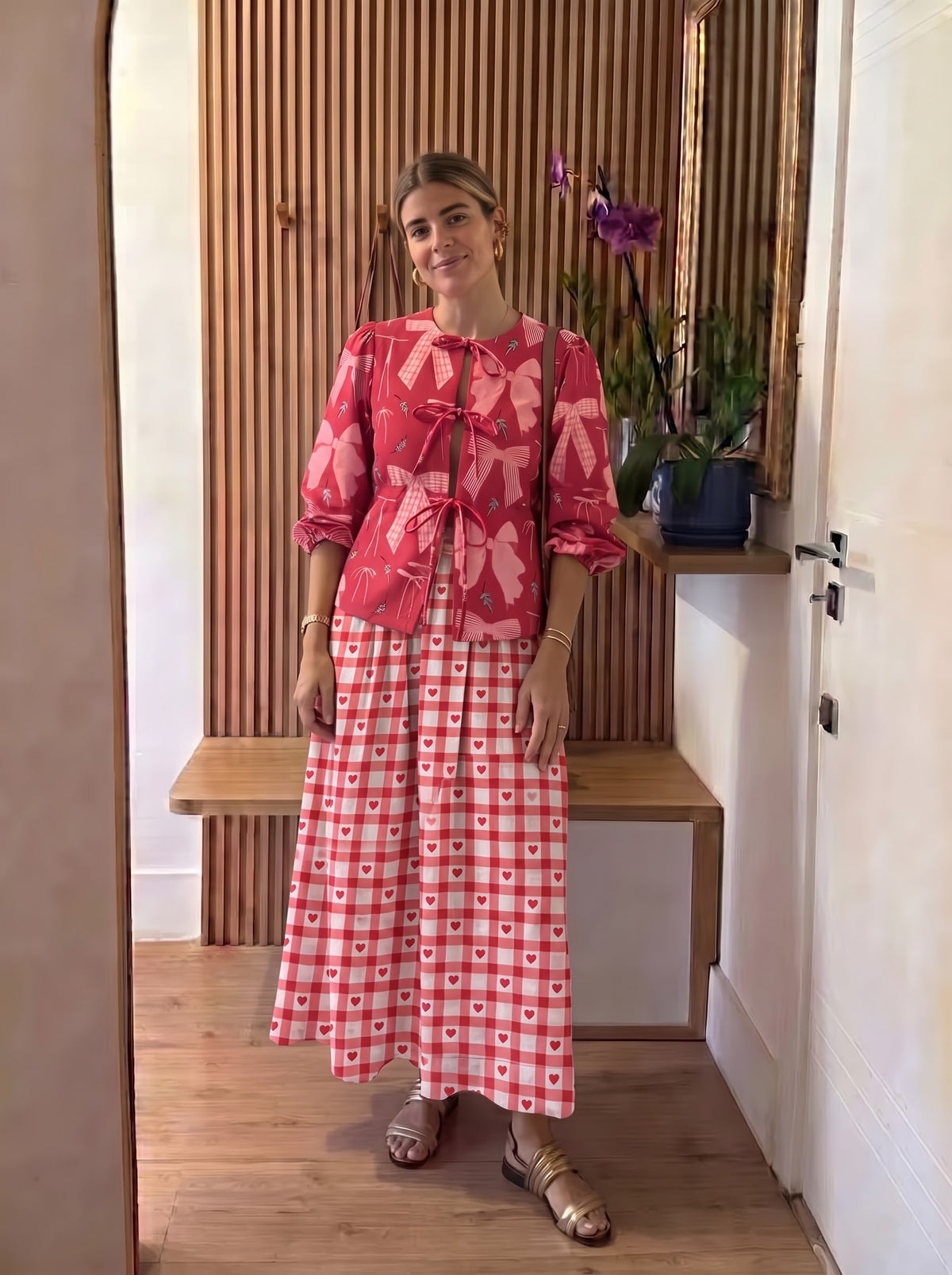 Red Ribbon Bow Printed Checkered Skirt Set