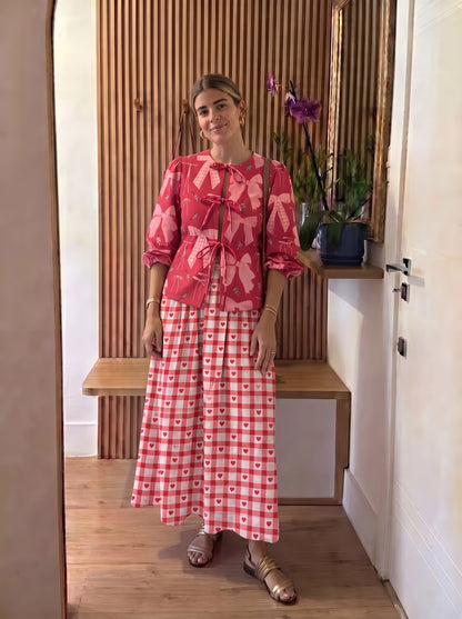 Red Ribbon Bow Printed Checkered Skirt Set