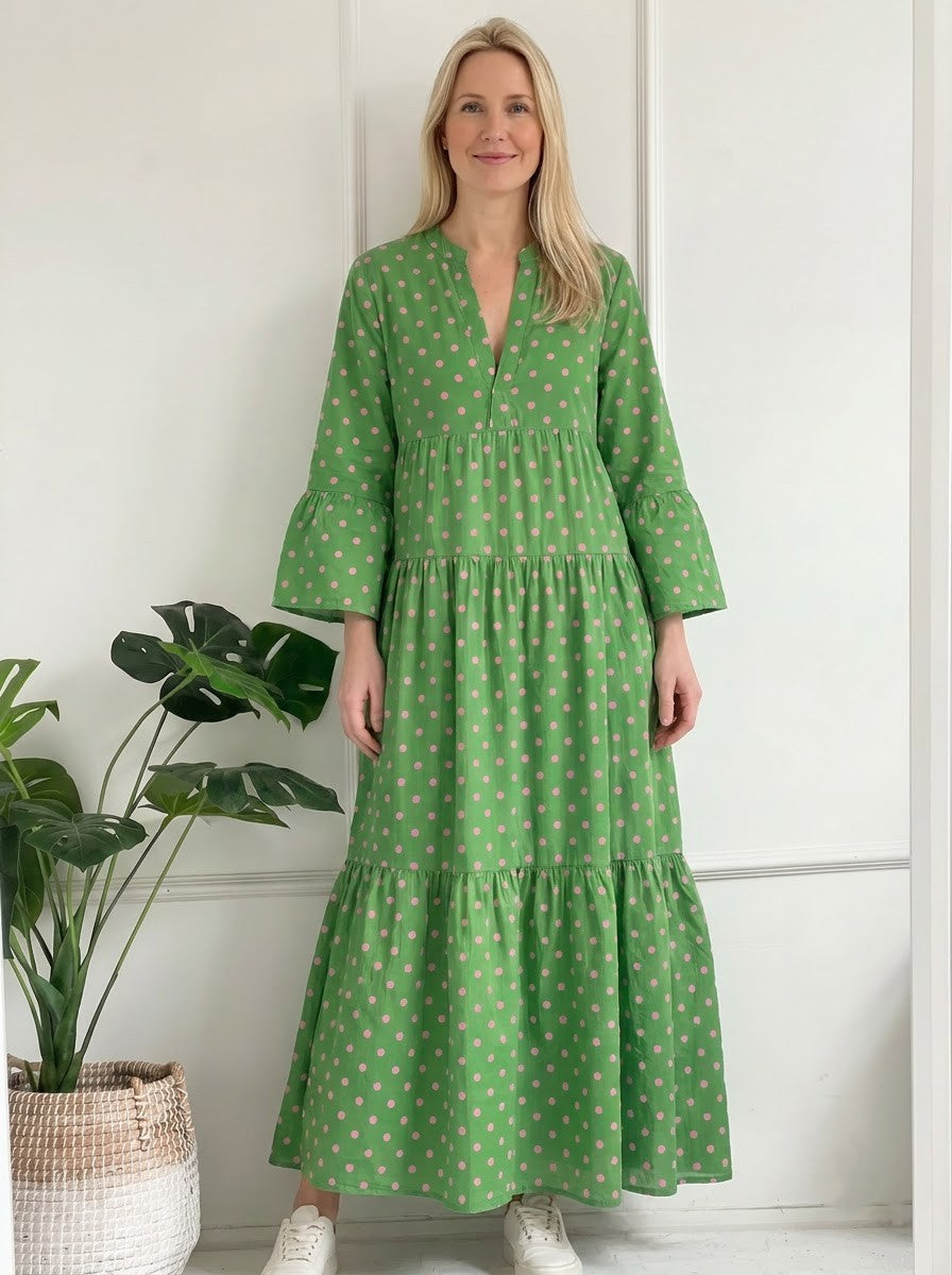 Green & Pink Polka Dot Tiered Maxi Dress