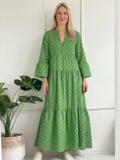 Green & Pink Polka Dot Tiered Maxi Dress