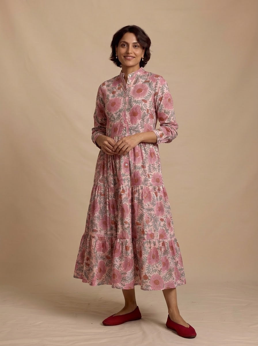 Elegant Pink Floral Printed Midi Dress