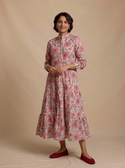 Elegant Pink Floral Printed Midi Dress