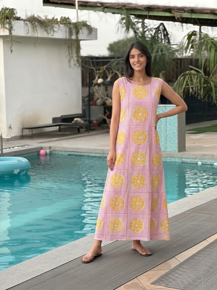 Pink Striped Citrus Lemon Print Maxi Dress