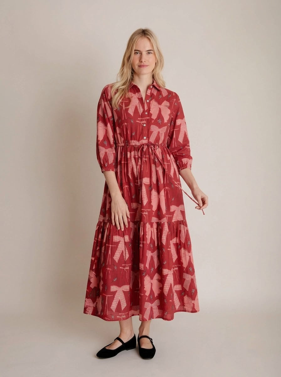 Red Ribbon Motif Tiered Shirt Maxi Dress