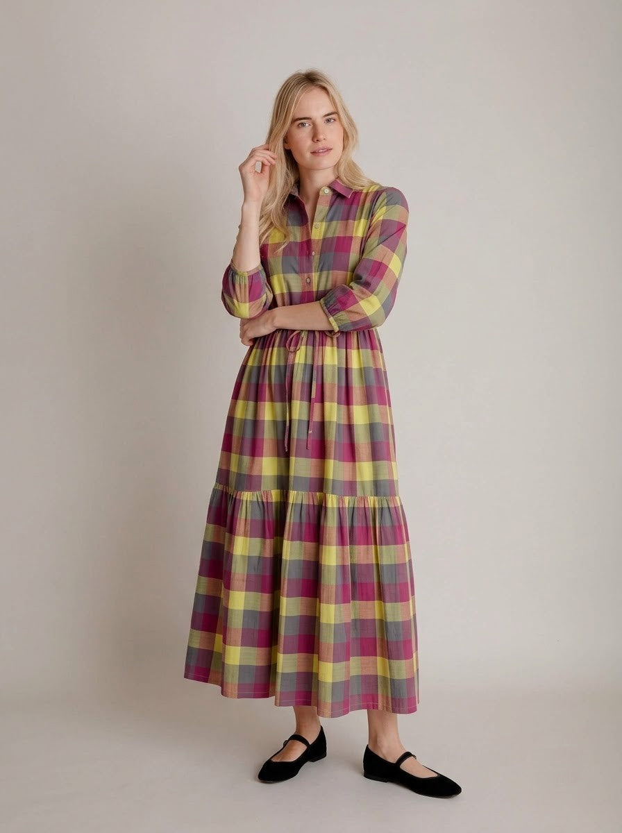 Multicolor Plaid Check Shirt Maxi Dress