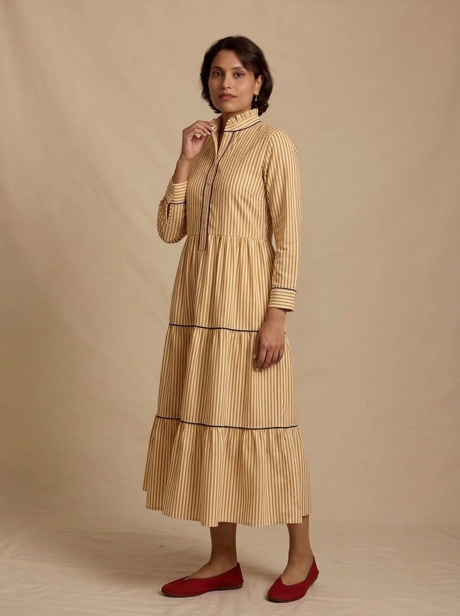Mustard Yellow Striped Tiered Midi Dress