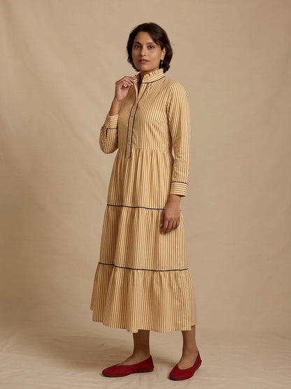 Mustard Yellow Striped Tiered Midi Dress