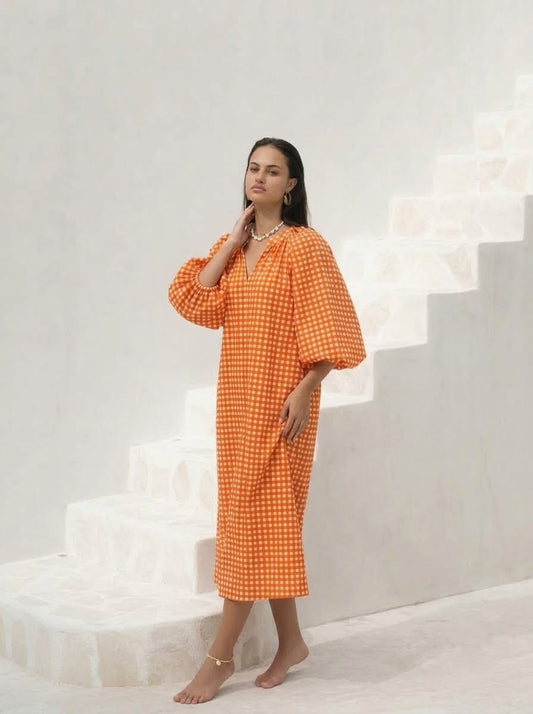 Vibrant Orange Gingham Checked Midi Dress