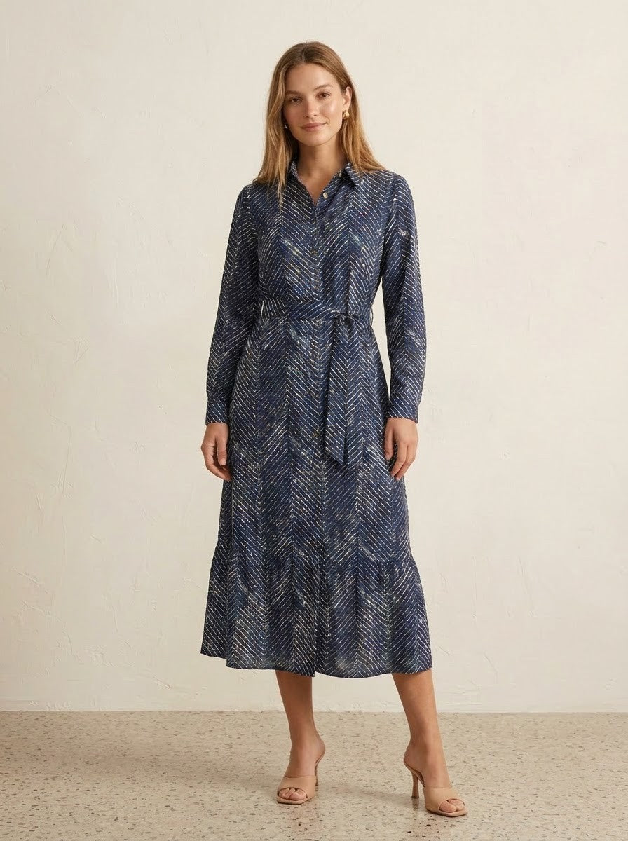 Navy Blue Chevron Printed Maxi Dress
