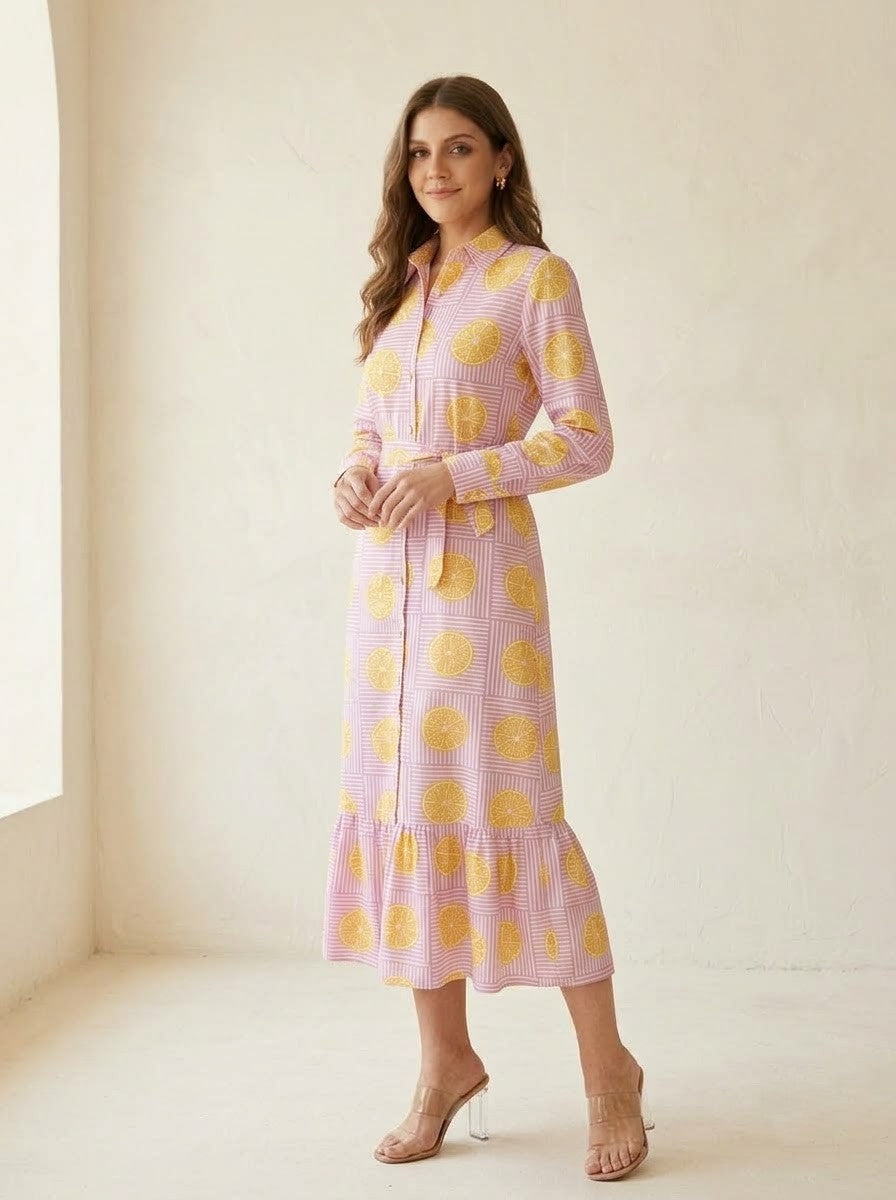 Pink Striped & Yellow Citrus Lemon Printed Maxi Dress