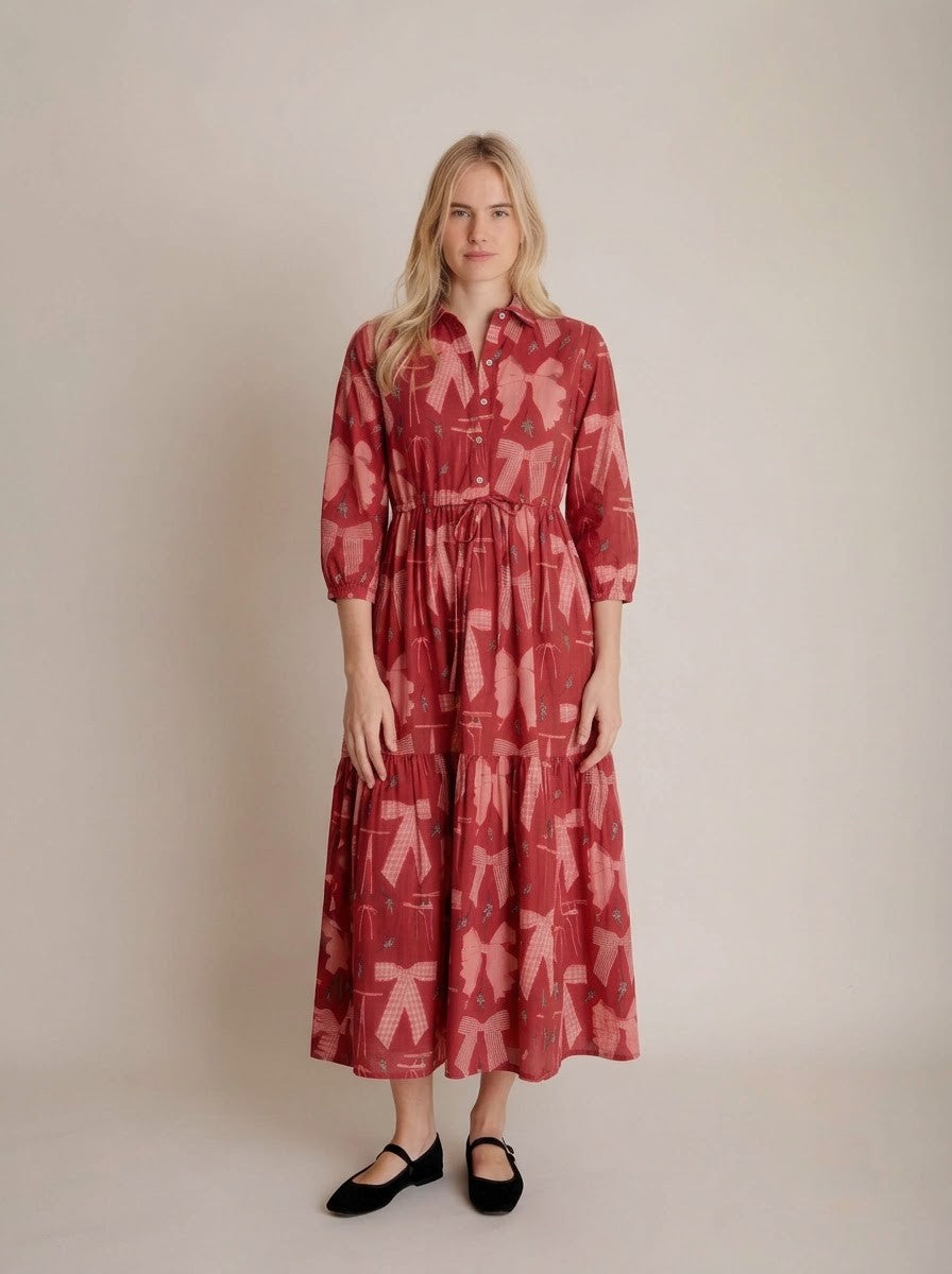 Red Ribbon Motif Tiered Shirt Maxi Dress