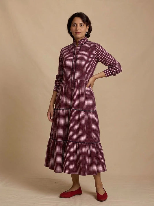 Maroon Checked High-Neck Tiered Midi Dress