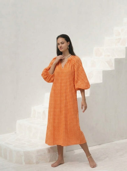 Vibrant Orange Gingham Checked Midi Dress