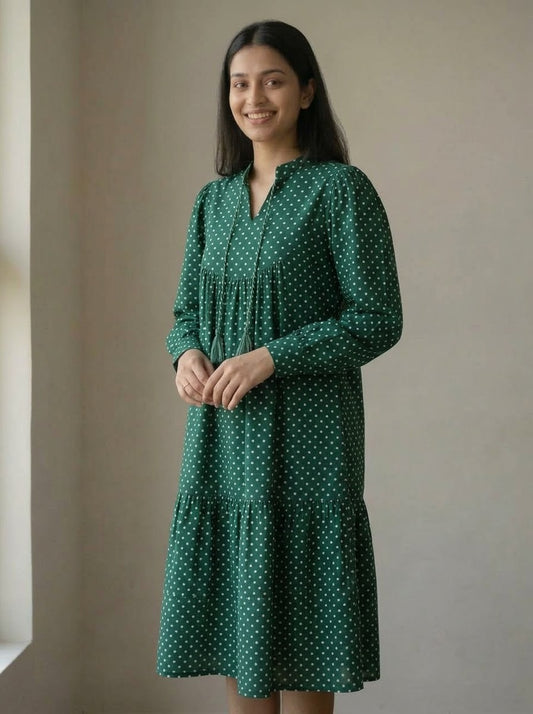 Emerald Green Polka Dot Tiered Midi Dress