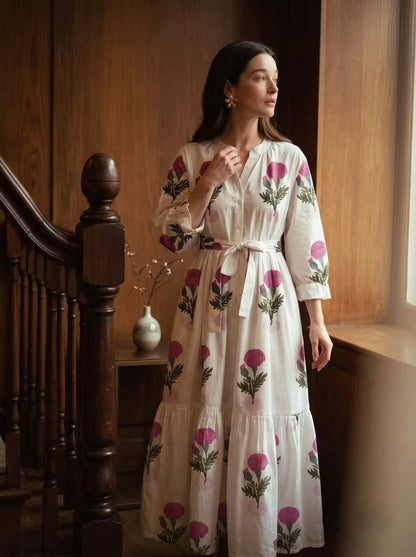 Elegant Pink Botanical Tiered Maxi Dress