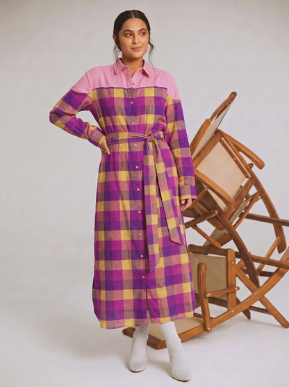 Purple & Yellow Check Belted Maxi Dress