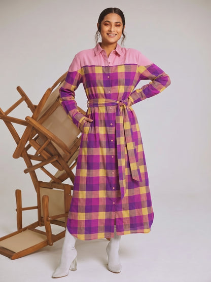 Purple & Yellow Check Belted Maxi Dress