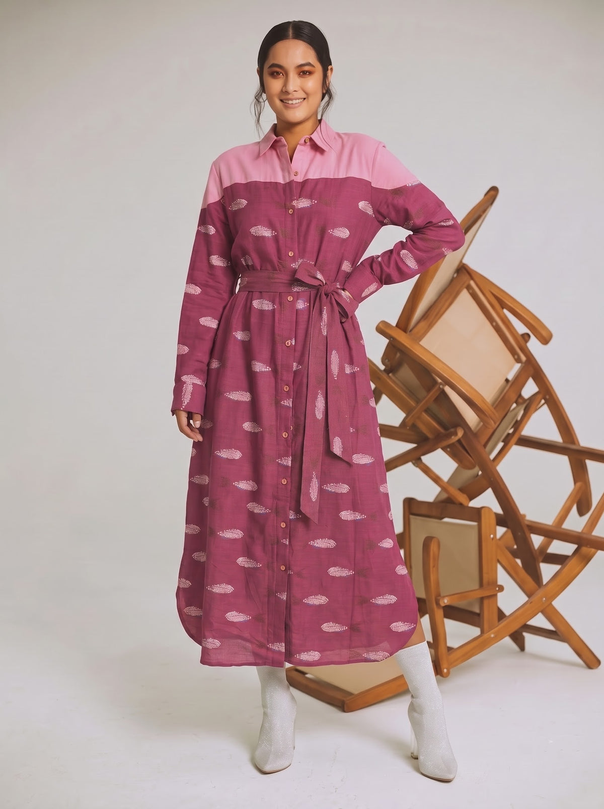 Magenta Button-Down Printed Belted Shirt Dress