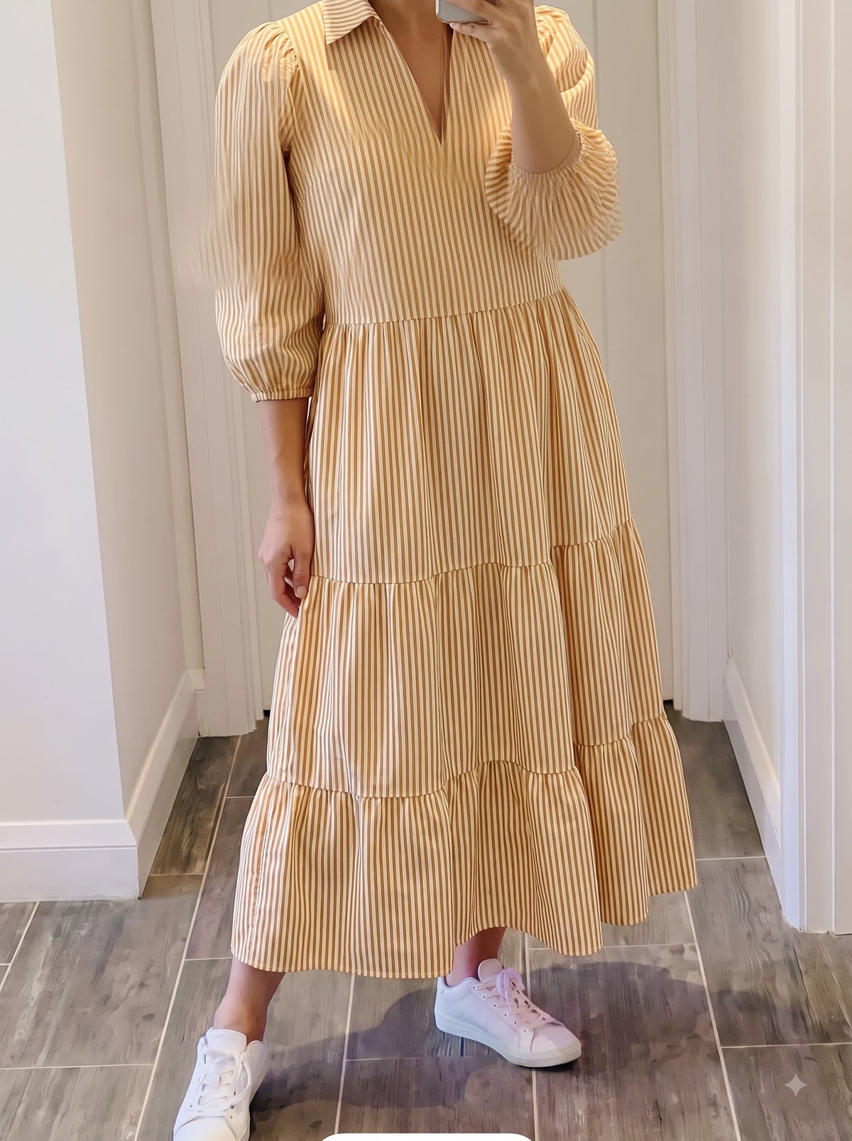 Mustard Yellow Striped Tiered Maxi Dress