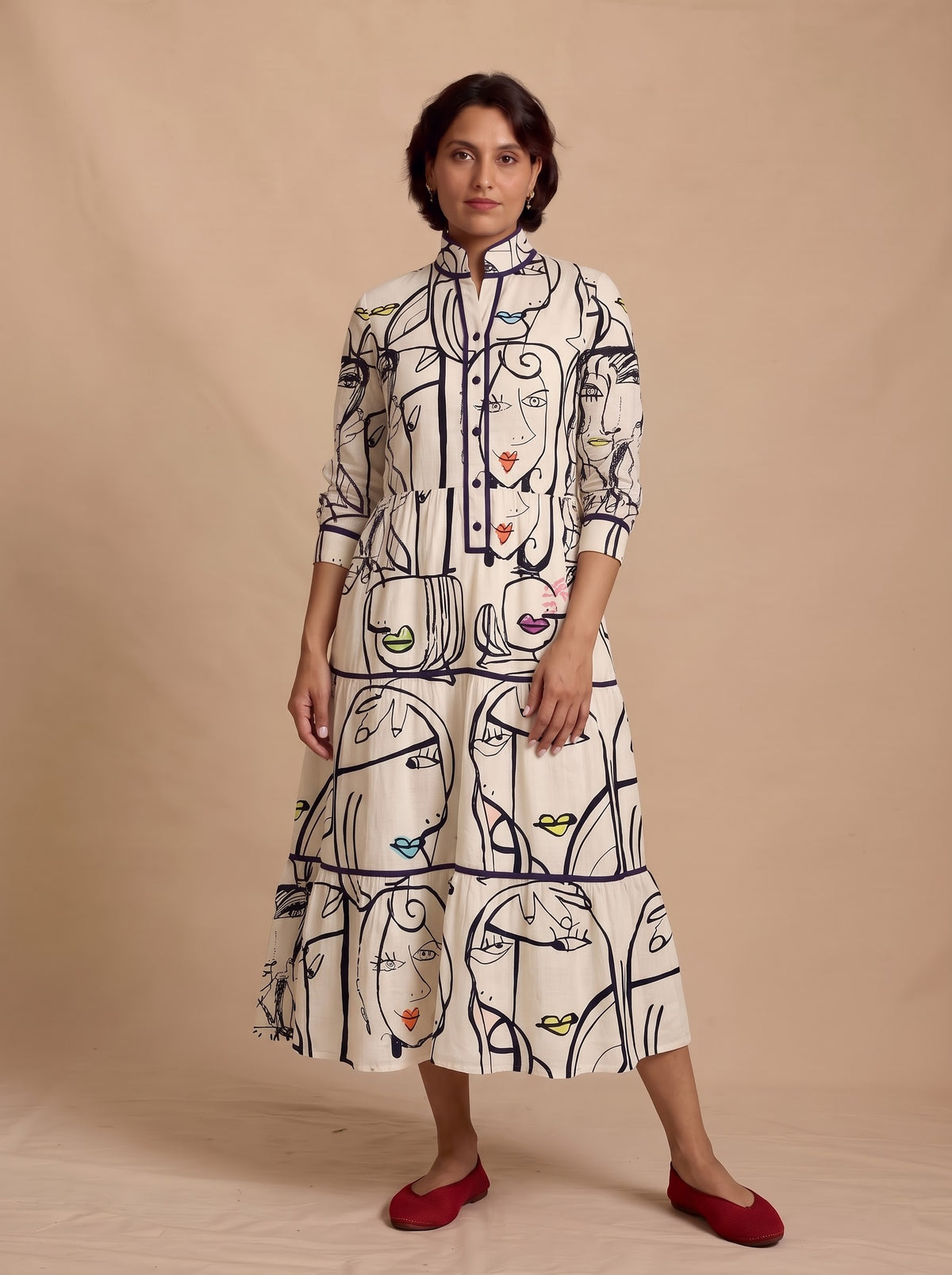 Off-White Abstract Art Printed Tiered Maxi Dress