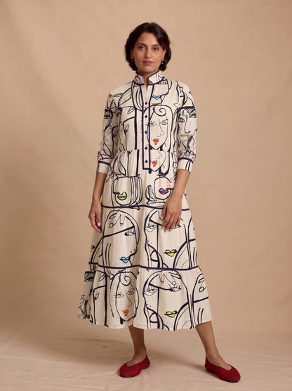Off-White Abstract Art Printed Tiered Maxi Dress
