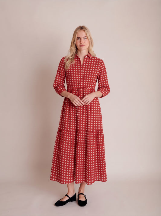 Rust Red Geometric Check Printed Maxi Dress