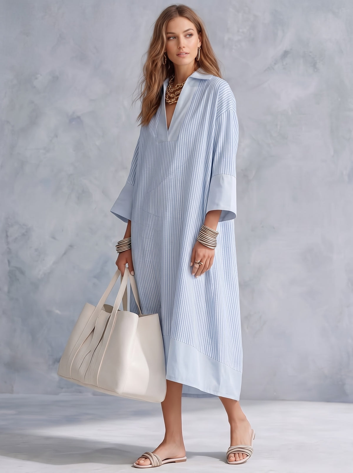 Sky Blue Vertical Pinstripe Tunic Dress