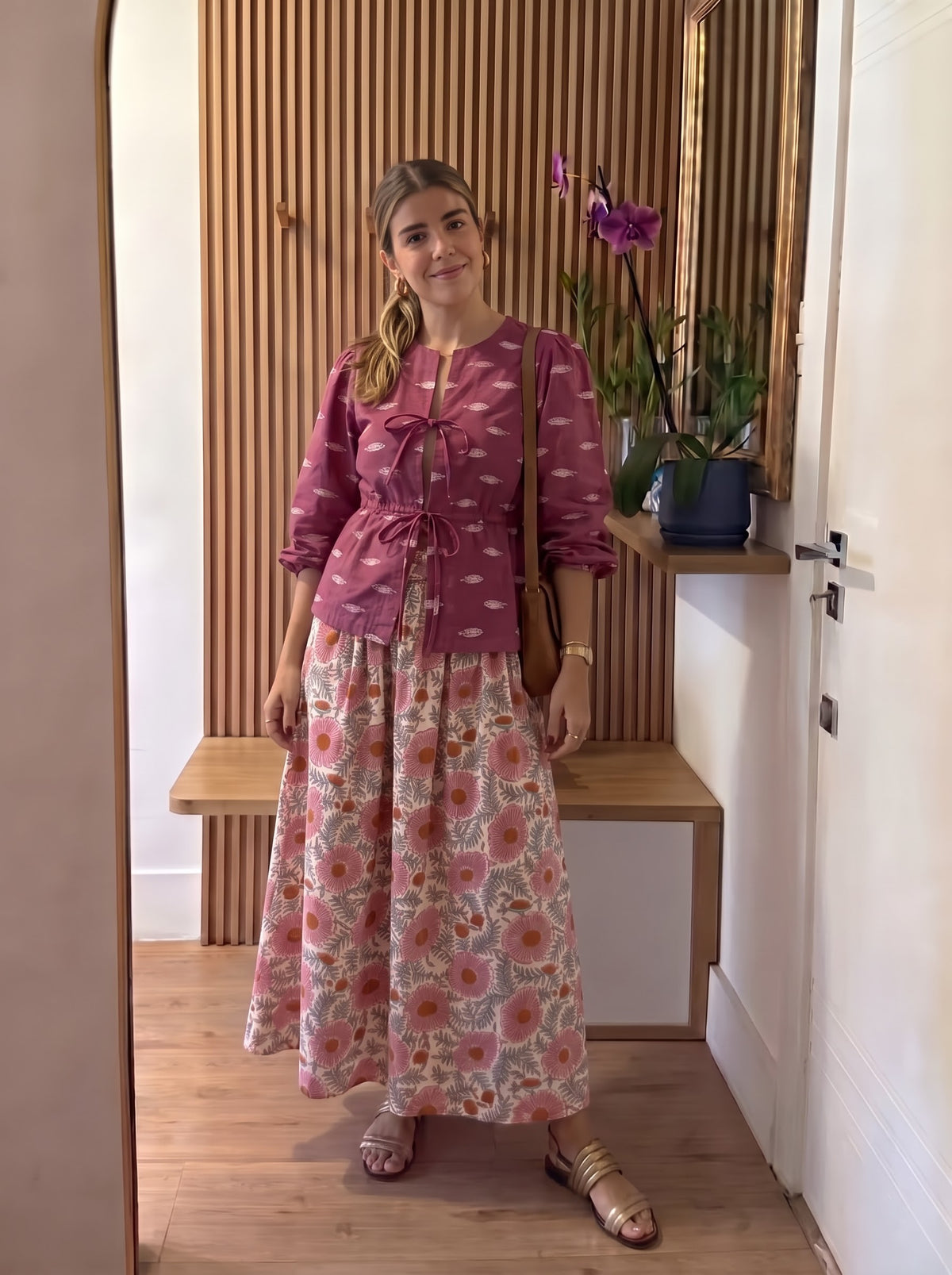 Mauve Printed Floral Flared Skirt Set